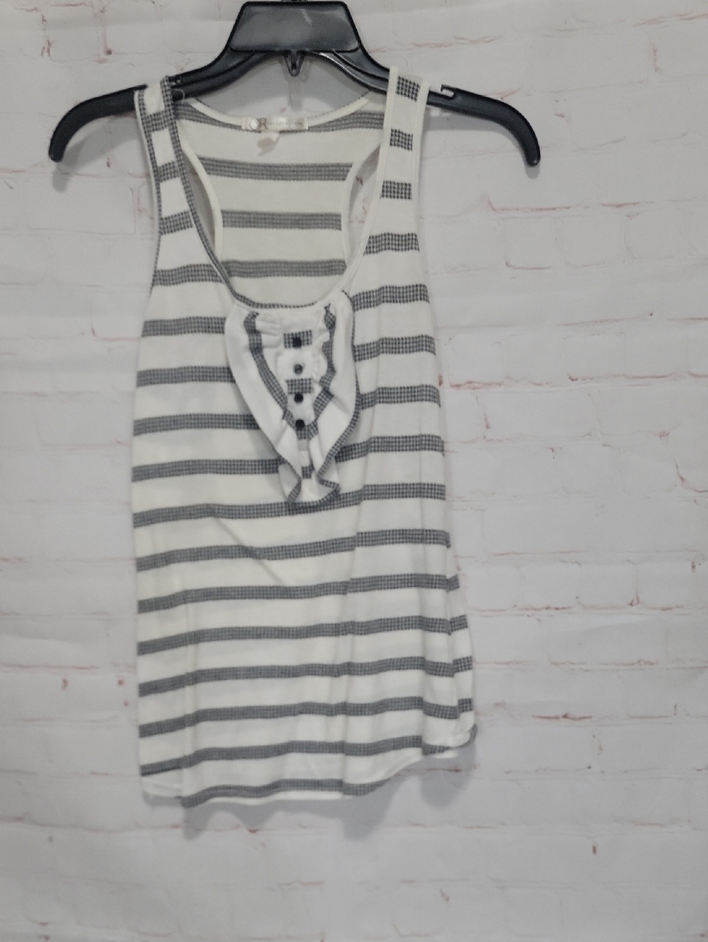4/$20 Charlotte Russe White and Gray Striped Ruffle Henley Tank